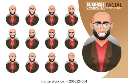 Businessman Facial Expressions Vector Set. Business Man Bald Boss Character In Smiling, Serious And Angry Face Reaction For Male Manager Employee Mood Emotion Design. Vector Illustration.
