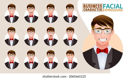 Businessman facial expressions vector set. Business man characters collection in friendly, happy, upset and shocked face reaction for employee mood and emotion design. Vector illustration.
