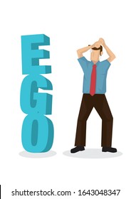 Businessman facing a 3d text of ego block when finding a way to success. Concept of career obstacle, self sabotage or self-esteem. Flat isolated vector illustration.