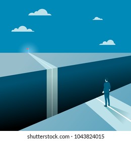 Businessman Facing a Big Gap of His Goal Target, Concept of Business Obstacles with a Big Abyss. Flat Vector.