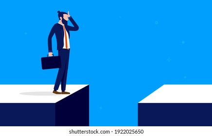 Businessman Facing Challenge - Doubtful Man On Edge Of Gap Scratching His Head Wondering How To Deal With Challenging Situation. Business Problem Concept. Vector Illustration.