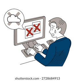 Hombre de negocios frente a un error de servicio en la nube con la ilustración de error de acceso a documentos