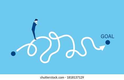 Businessman Facing Complex Path to Goal – Conceptual Illustration of Challenge, Uncertainty, and Long Journey Toward Success