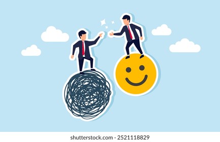 A businessman facing a complex problem asks for help from a kind-hearted businessman riding a smiley emoticon, illustrating receiving help when dealing with issues