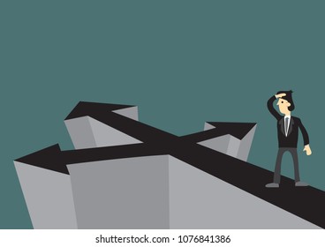 Businessman facing with crossroads and decision to make. Concept of business choices. Vector illustration.