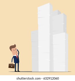 The businessman is facing large piles of papers. Business concept. Vector illustration