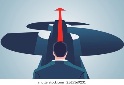 businessman facing the red arrow inside the dollar sign deep pit