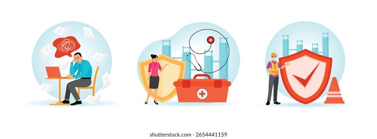 A businessman facing stress due to emotional exhaustion. Occupational health and safety, featuring medical equipment. An industrial worker with a safety shield. Employee health concept.