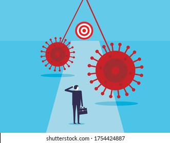 Businessman facing virus on the way to target. COVID-19 Coronavirus outbreak problem. Vector illustration in flat style