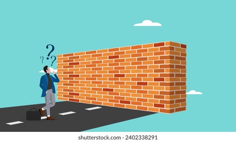 Geschäftsmann mit Blick auf die Wand-Konzept-Illustration, Business-Hindernis und Barriere-Konzept, Geschäftsmann Stand mit dizzy Head Front der High-Brick-Wand-Gesicht Schwierigkeiten auf dem Weg zu Ziel-Erreichbarkeit Konzept