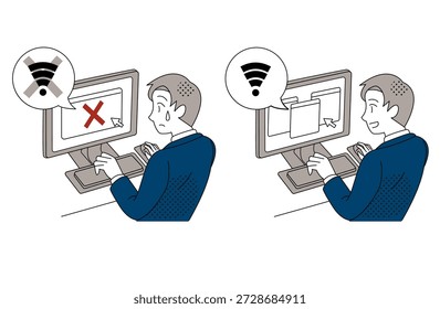 Geschäftsmann, der mit einem WiFi-Verbindungsfehler konfrontiert ist, und eine erfolgreiche Darstellung der Netzwerkwiederherstellung