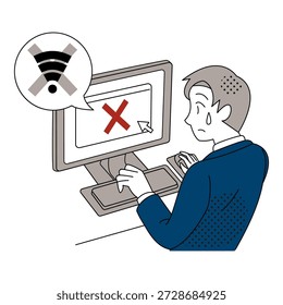 Hombre de negocios frente a error de conexión WiFi en ilustración de computadora de oficina