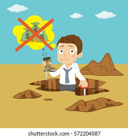 Businessman fail digger for treasure, vector illustration cartoon