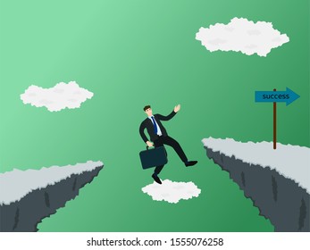 Businessman fail jump across gap of cliff for to success way