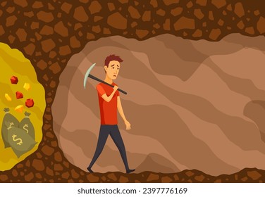 Businessman fail. Man use pickaxe to dig caves in search valuable treasures. Ambitious and challenging to succeed in business. Career development and motivation to achieve great goals concept