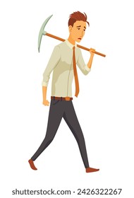 Businessman fail. Man use pickaxe to dig caves in search valuable treasures. Career development and motivation to achieve great goals concept