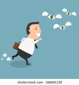 Businessman fail and money flying - the concept of the man being broke,he very needs money.illustration,vector