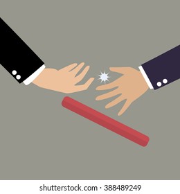 Businessman fail to passing the baton in a relay race. Partnership or teamwork concept