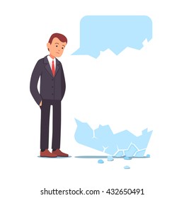 Businessman failed communication doing cold sale. Broken speech chat message bubble fall apart. Unsuccessful messaging concept. Flat style vector illustration clipart.