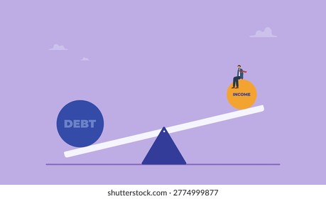 Businessman failure to balance between debit and income on the seesaw. Income and debt with seesaw showing higher debt than income, installment debt concept.