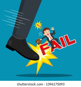 Businessman failure kicked by big foot, illustration vector cartoon