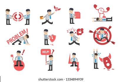 Businessman failures character design set. Сollection of business stories. Flat style modern vector illustration. Design for icon, sign, web, symbol, etc.