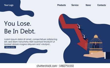 Businessman fall in to debt cage when chart go down. Business Landing Page Template.