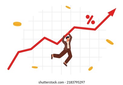 Businessman fall down in graph with inflation high up. Bank rate hike. Economics concept. Economic crisis or consumer price rising up concept. Inflation financial crisis. Flat vector illustration