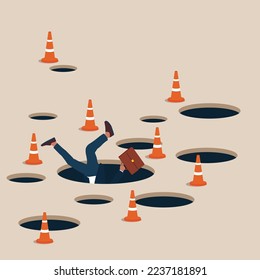 Businessman fall down into the hole. Danger or business accident, trouble. Flat modern vector illustration.