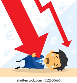 Businessman Fall Down Red Arrow Graph Financial Crisis Flat Vector Illustration