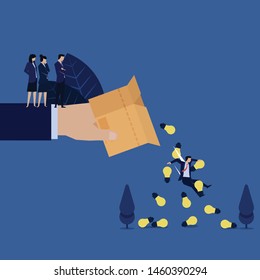 Businessman fall out with ideas from box overthrown by manager metaphor of think out of the box. Illustration For Wallpaper, Banner, Background, Book Illustration, And Web Landing Page.