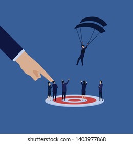 Businessman fall to target from skydiving. Right choice for manager. Illustration For Wallpaper, Banner, Background, Book Illustration, And Web Landing Page.