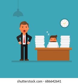 businessman falling asleep at his office desk while angry boss