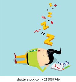 Businessman falling asleep at his work, business concept in sleeping, dozing, relaxing, take a break or lazy at working. Sleeping man in office. vector illustration