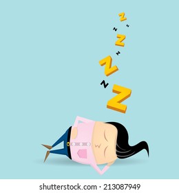 Businessman falling asleep at his work, business concept in sleeping, dozing, relaxing, take a break or lazy at working. Sleeping man in office. vector illustration