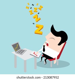 Businessman falling asleep at his work, business concept in sleeping, dozing, relaxing, take a break or lazy at working. Sleeping man in office. vector illustration