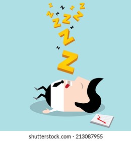 Businessman falling asleep at his work, business concept in sleeping, dozing, relaxing, take a break or lazy at working. Sleeping man in office. vector illustration