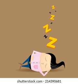 Businessman falling asleep at his work, business concept in sleeping, dozing, relaxing, take a break or lazy at working. Sleeping man in office. vector illustration