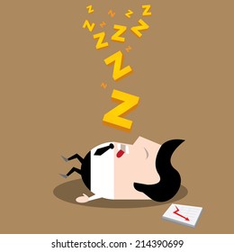 Businessman falling asleep at his work, business concept in sleeping, dozing, relaxing, take a break or lazy at working. Sleeping man in office. vector illustration