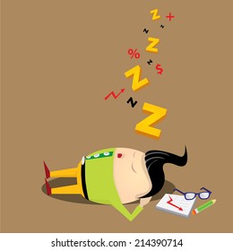 Businessman falling asleep at his work, business concept in sleeping, dozing, relaxing, take a break or lazy at working. Sleeping man in office. vector illustration