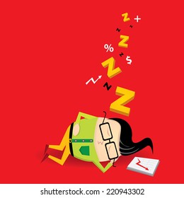 Businessman falling asleep at his work, business concept in sleeping, dozing, relaxing, take a break or lazy at working. Sleeping man in office. vector illustration