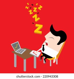 Businessman falling asleep at his work, business concept in sleeping, dozing, relaxing, take a break or lazy at working. Sleeping man in office. vector illustration