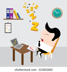 Businessman falling asleep at his work, business concept in sleeping, dozing, relaxing, take a break or lazy at working. Sleeping man in office. vector illustration