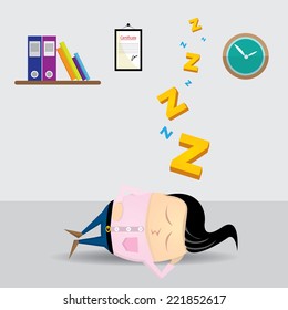 Businessman falling asleep at his work, business concept in sleeping, dozing, relaxing, take a break or lazy at working. Sleeping man in office. vector illustration