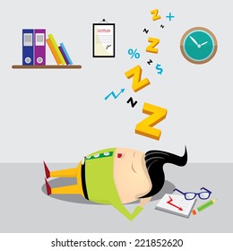 Businessman falling asleep at his work, business concept in sleeping, dozing, relaxing, take a break or lazy at working. Sleeping man in office. vector illustration