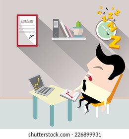 Businessman falling asleep at his work, business concept in sleeping, dozing, relaxing, take a break or lazy at working. Sleeping man in office. vector illustration