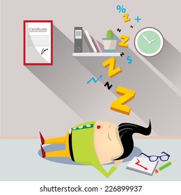 Businessman falling asleep at his work, business concept in sleeping, dozing, relaxing, take a break or lazy at working. Sleeping man in office. vector illustration