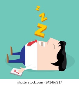 Businessman falling asleep at his work, business concept in sleeping, dozing, relaxing, take a break or lazy at working. Sleeping man in office. vector illustration