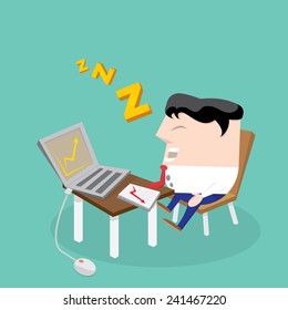 Businessman falling asleep at his work, business concept in sleeping, dozing, relaxing, take a break or lazy at working. Sleeping man in office. vector illustration