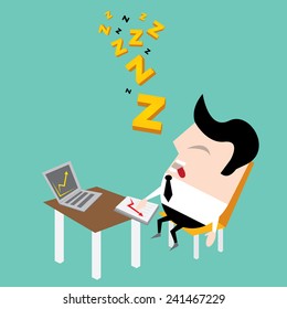 Businessman falling asleep at his work, business concept in sleeping, dozing, relaxing, take a break or lazy at working. Sleeping man in office. vector illustration